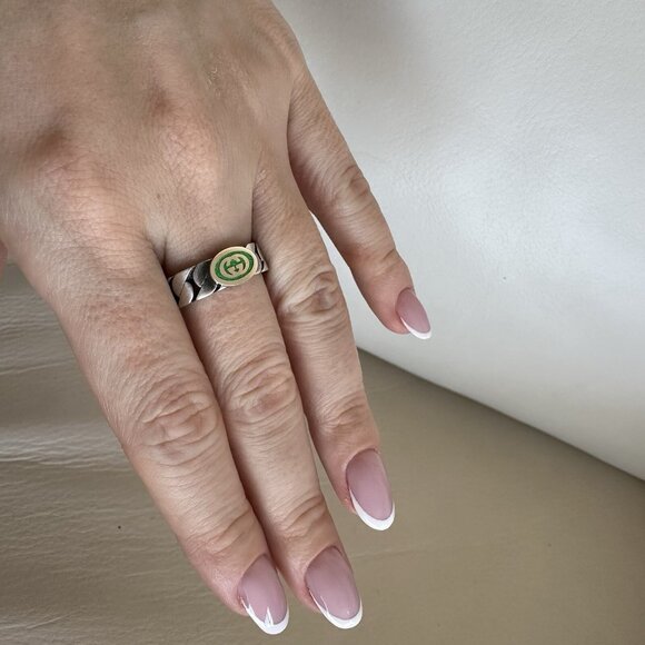NEW GUCCI INTERLOCKING RING SILVER GG LOGO GREEN Chain Sz 20 IT 9 US Enamel - Picture 5 of 6
